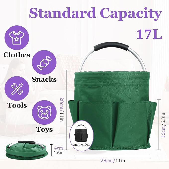 2PCS Cleaning Caddy, 17L Collapsible Cleaning Supply Caddy with Handle, Foldable Tool Bucket Organizer with Outer Pockets, Storage Basket for Travel, Housekeeping, RV, Green + Black