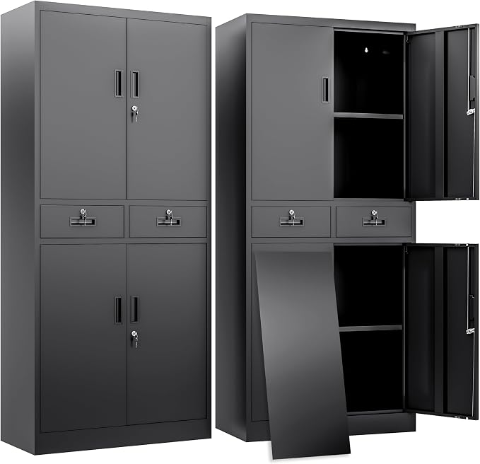 BESFUR Metal Storage Cabinet with 2 Drawers 4 Doors and 2 Adjustable Shelves Garage Storage Cabinet with Lock 71" Office Storage Cabinets Locking Cabinets for Garage Office Shop Home (Black)