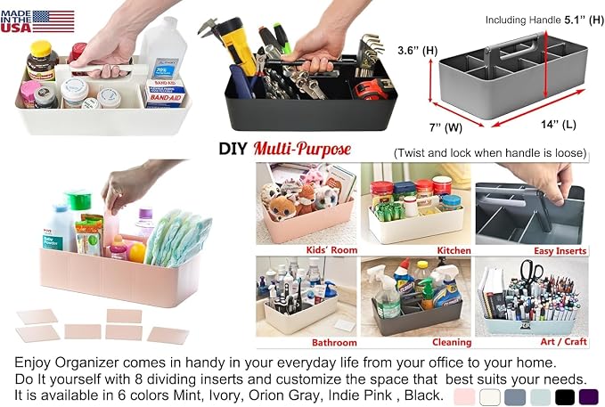 2 PACK - Portable DIY 8 Dividers Durable Plastic Tote Tool & Supply Cleaning Caddy with Handle Made In USA (Orion Gray)