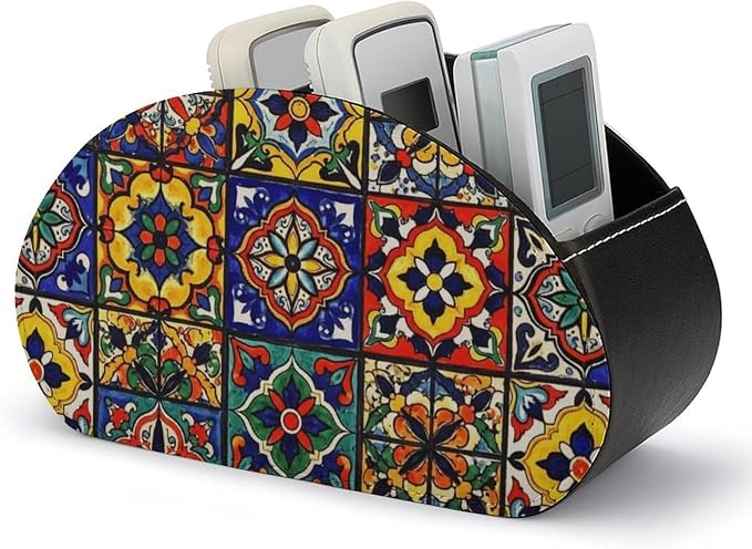 Desktop Remote Control Holder Mexican Talavera Tile Storage Cup Caddy Box | Table Desk Organizers with 5 Compartments, Mexican Talavera Tile Colorful Floral Mexican, Multi-functional Office Supplies