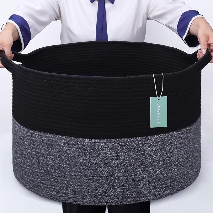 Large Cotton Rope Blanket Basket, 87L Laundry Hamper, Black & Gray