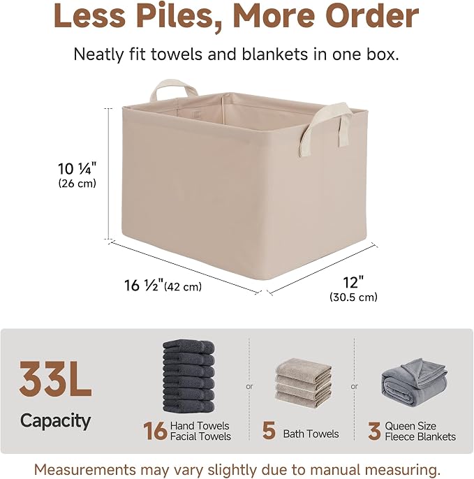 StorageWorks Fabric Storage Bins, Closet Bins, Light Brown, 2-Pack | With PU Handles, Wrinkle-Resistant Cottlyn Fabric, Foldable, For Bedroom, Bathroom, Laundry, Holds Clothes, Towels, Blankets