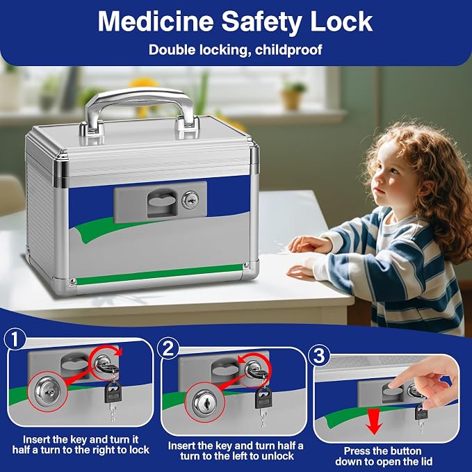 Medicine Lock Box for Safe Medication - 10 x 6 x 6.7 Inches - Lockable Storage Box for Drugs, First Aid Kit Empty, Lock Boxes with Key for Home/Outdoor (Blue/Small)