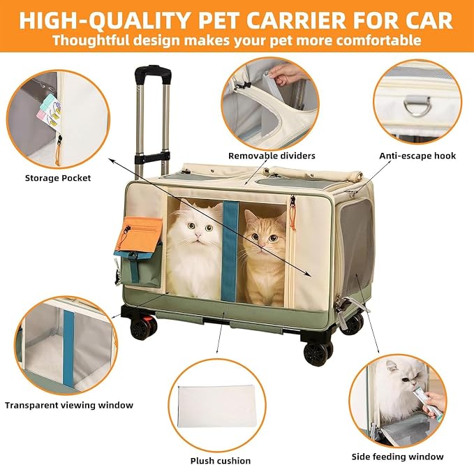 Large Cat Carrier with Wheels for 2 Cat, Double Rolling Pets Carrier on Wheel, Foldable Soft-Sided Carriers with Telescopic Handle, for Small Dogs Travel Bag for Outdoor Hiking Camping