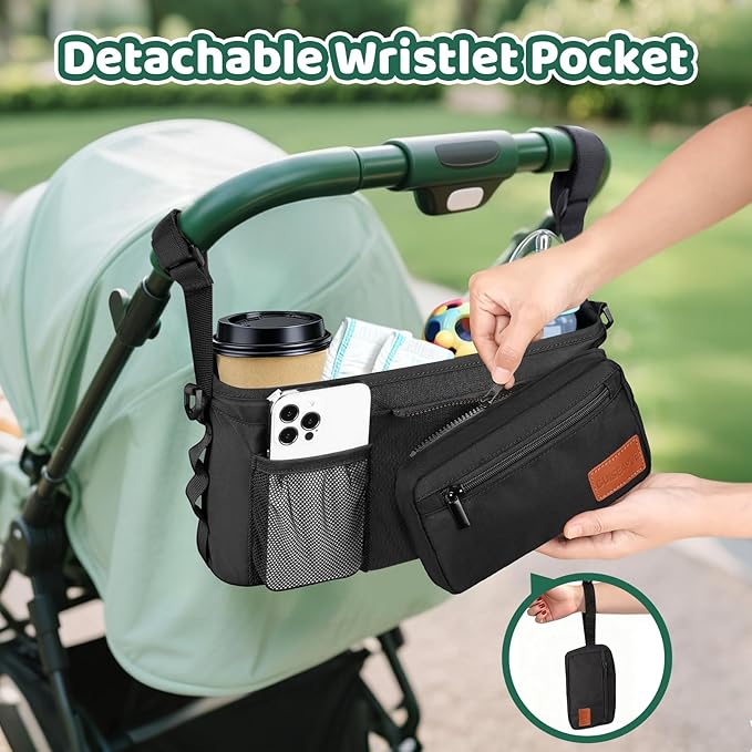 Stroller Organizer with Cup Holder, Non-Slip Stroller Caddy Baby Essentials | Universal Stroller Bag Accessories with Detachable Phone Bag, Fits for Uppababy, Baby Jogger, Christmas New Moms Baby Gifts