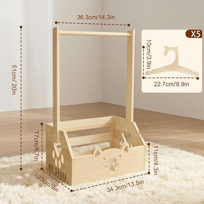 20" x 13.5" x 9" Wooden Dog Closet for Small Dogs - 2-in-1 Clothes Hanger & Storage Basket, with Cute Pet-Face Design, Practical Organizer for Pet Supplies, Home Decor & Dog Gear Tidying