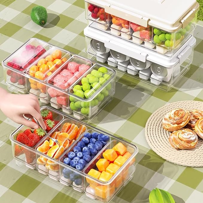 3Pack Ice Chilled Condiment Caddy with 4 Removable Containers Taco Ingredient Server with Lid Cooled Garnish Caddy Tray for Taco Mimosa Bar Sauce Fruits&Veggies Mix