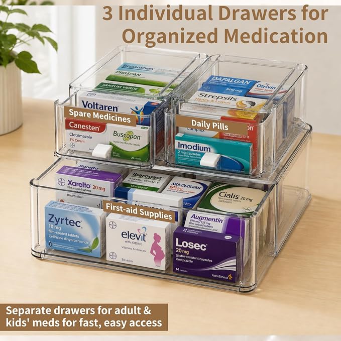 Pull Out Medicine Cabinet Organizer, Clear Acrylic Drawer Storage Organizer with Sliding Trays, Stackable Bathroom Countertop Medication Caddy for Vitamins, Pills, First-Aid Supplies