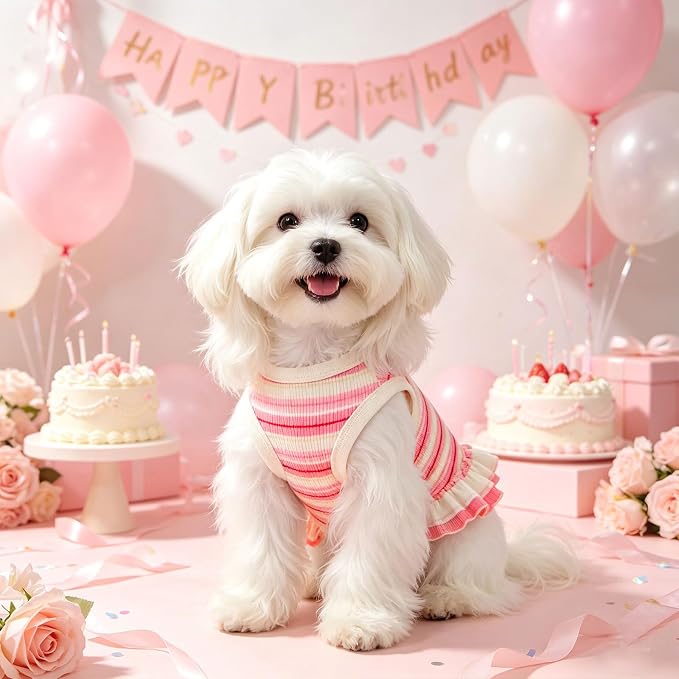 Striped Small Dog Dress Cute Pink Girl Dogs Cats Clothes, Pink S