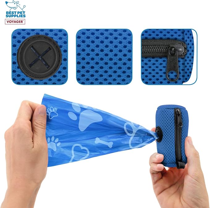 Best Pet Supplies Dog Poop Bag Holder Leash Attachment with Reusable Dispenser for Travel, Walking, Park, and Outdoor Use, Durable with Clip-On - Royal Blue, Mesh Dispenser w/15 Bags