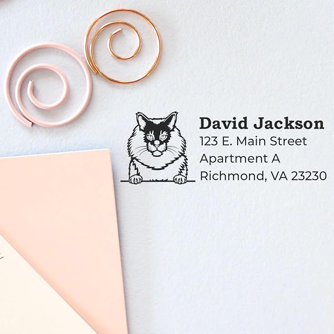 Peeking Maine Coon Cat Address Stamp Self-Inking - Clear Impressions | Laser-cut. Address Stamp for Maine Coon Cat Moms. Personalised Address Stamp for Animal Lovers. 4 lines. 4 case colors.