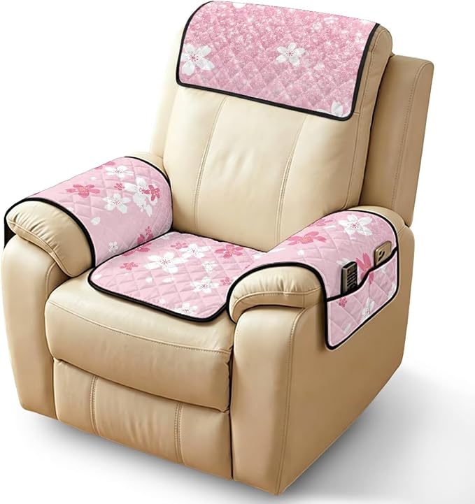 Cherry Blossom Recliner Chair Covers Pink 4 Piece Quilted | Recliner Chair Slipcovers with Arms Non Slip Armchair Cover with Pockets,Stain Resistant Furniture Protector for Living Room