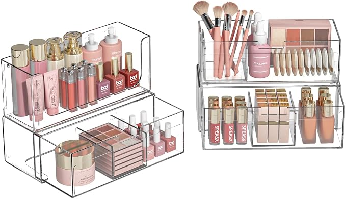 Bathroom Drawer Organizer Stackable Storage Drawers Clear Plastic Storage Bins Medicine Cabinet Organizer Makeup Organizers w Removable Divider Home Workspace Office Desktop Vanity Gift Idea 3Pack