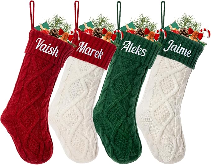 Personalized Christmas Stocking Large Custom Knitted Embroidered Name Xmas Stocking for Family Kids Pets Fireplace Party Decor