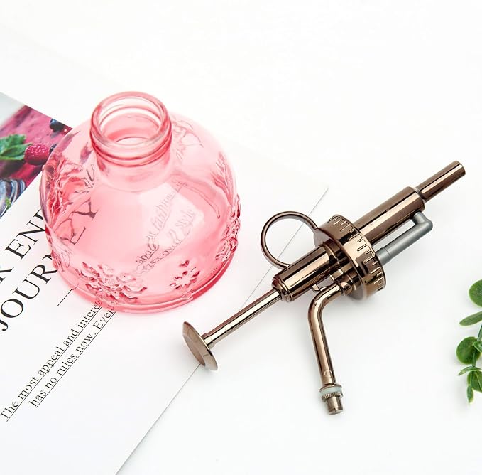 XXXFLOWER Glass Plant Mister Spray Bottle Pink 180ml/6 oz | Mini Watering Can Indoor Plants Indoor Plant Mister Succulent Watering Bottle Tall Vintage Style with Bronze Plastic Top Pum
