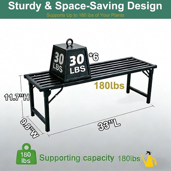 Foldable Plant Stand, No Assembly Heavy Duty Iron Plant Shelf, Rustproof Single Tier Plant Rack for Indoor Outdoor, Long Narrow Flower Stand for Patio Balcony Garden Living Room, L33" xH11.7"x W9.7"