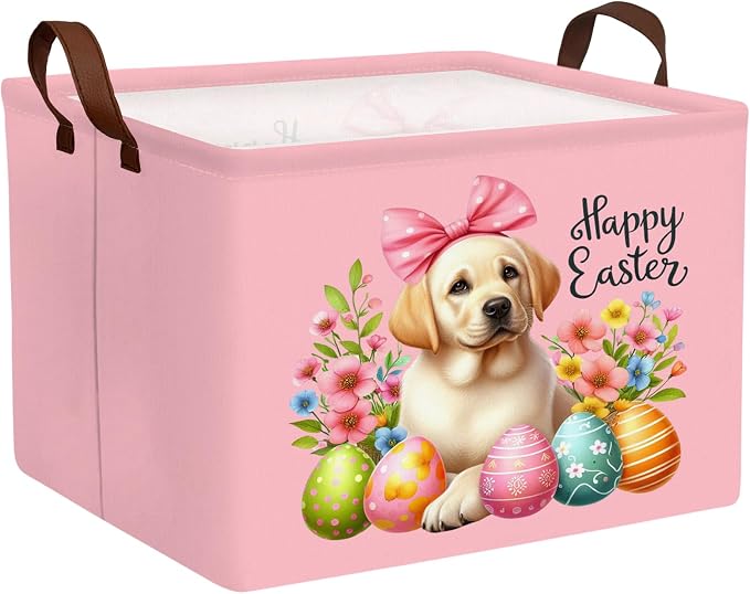 Large Cute Easter Basket for Kid Empty Gift Baby Rectangle Storage Bin Bunny Eggs Boy＆Girl Room Décor (Pink Dog)
