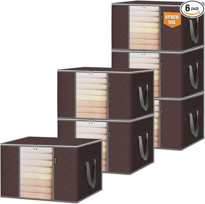 BALEINE 6 Pack Clothes Storage Bags, 24 Gallon Storage Containers with Reinforced Handle, Sturdy Zipper, Closet Organizer for Blanket, Comforter, Pillow, Bedding (Brown, 6 Pack)