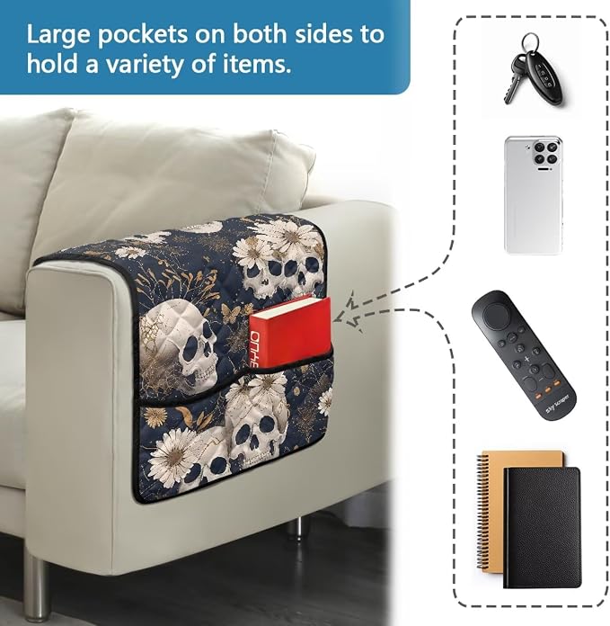 Skull Daisy Stretch Sofa Armrest Covers Arm Cover for Chairs Anti-Slip Couch Armrest Covers with 2 Pockets Furniture Armrests Protector for Sofa Couch Chair Recliner