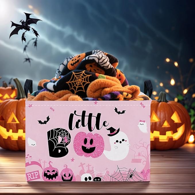 Halloween Basket Gift Cute Pumpkin Ghost Parties Decor Kid Trick or Treat Basket for Boys and Girls Rectangular Storage Bin Box (Pink)