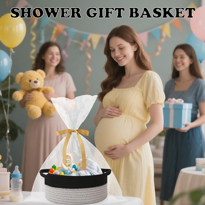 Woven Rope Basket - Baby Gift Basket with Bag & Ribbon, Black&Grey | Cotton rope with handle, 12 x 8 x 5 in, gift bag and ribbon, for baby shower, birthday, toy storage, nursery, shelf decor