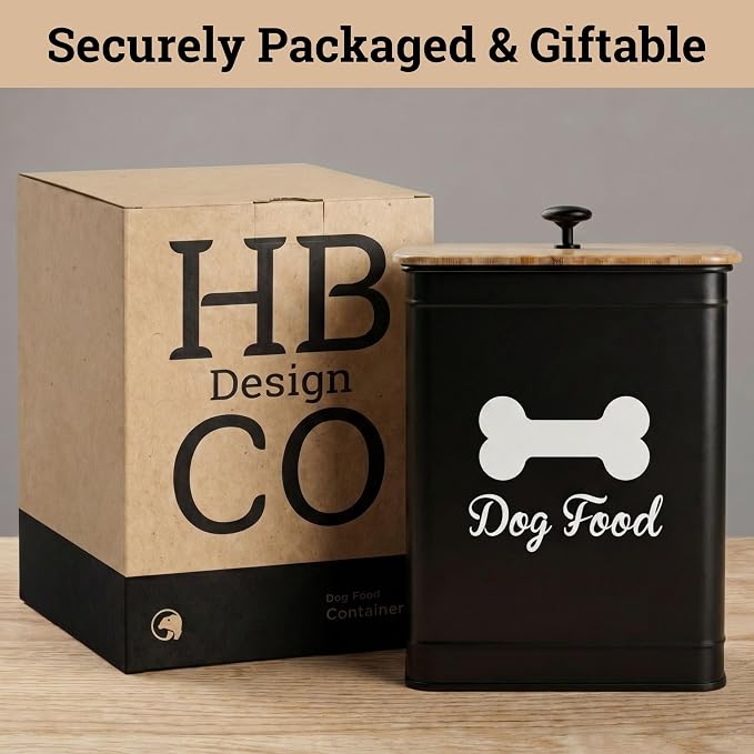 Metal Dog Food Container 5-7lb, 25 Cup w/ Airtight Bamboo Lid, Metal Handle | Pet Jar For Dogs up to 50lbs, Airtight Bamboo Lid, Sturdy Comfortable Metal Handle, Powder Coated Iron, Kibble Storage Bin