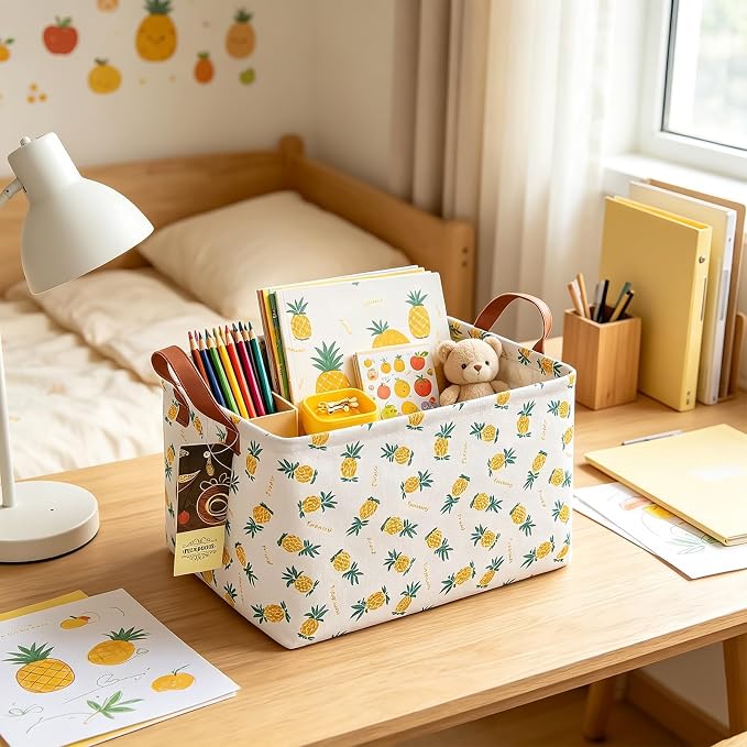 Rectangle Foldable Storage Basket Handles For Home, Pineapple | Waterproof canvas material, reinforced handles, perfect for shelf use, organizes clothes, daily items and pet supplies