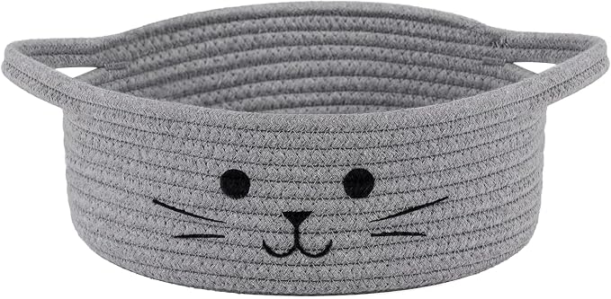 Small Woven Rope Cat Toy Basket with Cat Face Design, Grey | 9.8" x 4" Cute Toy Storage Bin for Living Room & Nursery, Pet Gift Basket Empty with Sturdy Handles