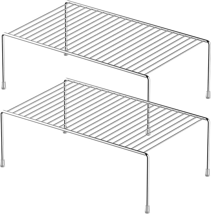 Kitchen Cabinet Storage Shelf Rack, Set of 2 Large (15.7 x 9.4 Inch) Rustproof Metal Wire Shelves Spice Shelf Rack Cupboard Organizer for Pantries Countertops Utensils Organization, Chrome