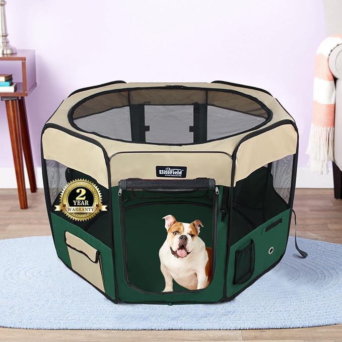 EliteField 2-Door Soft Pet Playpen for Dogs and Cats (2-Year Warranty) | 600D Fabric, Washable Floor Mat & Top Cover, Indoor/Outdoor, Carrying Bag, Ground Stakes, Zipper Locks