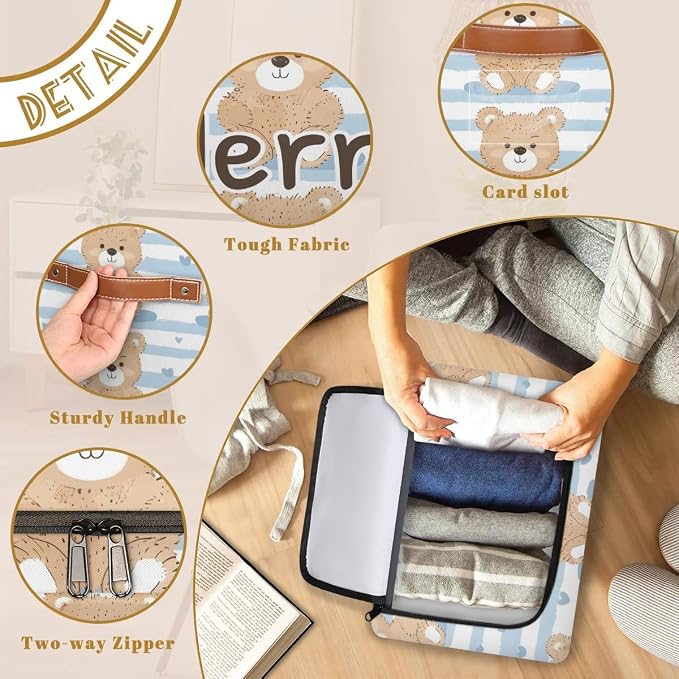 Custom Cute Bear Storage-Bin With Zipper Lid for Kids-Girls-Boys-Baby-Pet,Personalized Name Foldable Storage Box with Handle,Baby Basket With Label for Bedroom Nursery Toy Clothes,White Blue Stripe