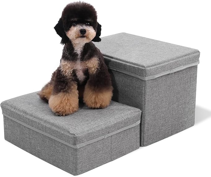 Linen Foldable Dog Stairs with Storage | 2-Step Pet Steps for High Beds & Couch, Non-Slip Dog Ladder for Small & Medium Dogs and Cats, Light Grey