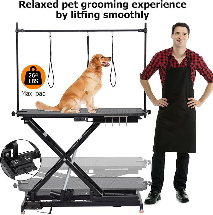 GarveeLife 47" Electric Lift Dog Grooming Table Black for Pets & Large Dogs | Heavy Duty, Adjustable Height: 9.4"-39.4", Non-Slip Desktop, Gantry Crane Set, Dog Grooming Arm