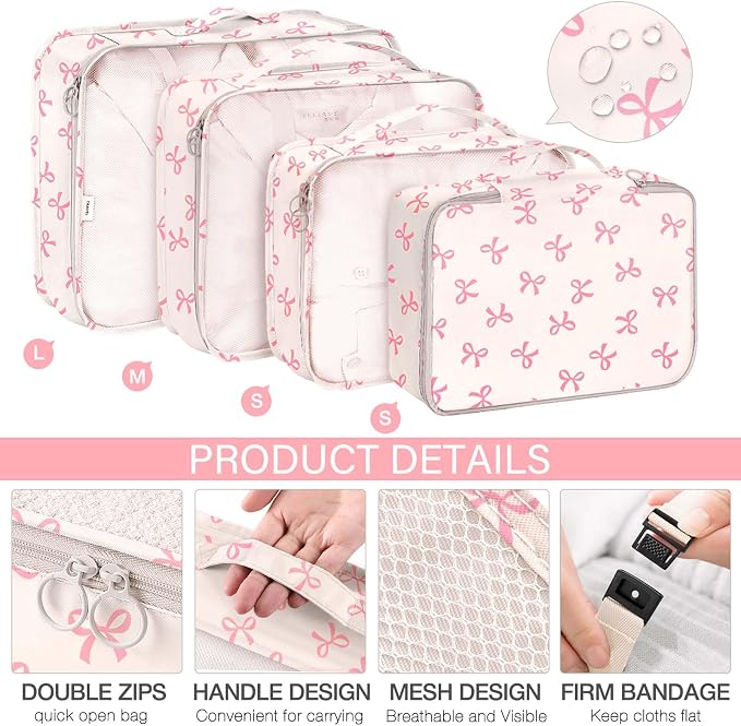 KPX 8 Set Packing Cubes for Travel, Luggage Packing Organizers Accessories Large Toiletries Bag for Clothes Shoes Cosmetics (8Set-Pink Bow)