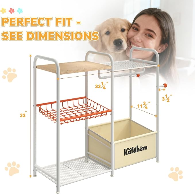 KAFAHOM Dog Toy Bin, Multi-Functional Dog Toy Basket with Collar Rod & Can Dispenser, Puppy Essentials Shelf, Dog Stuff Box, Perfect Basket for Dog Toys in Living Room, Great Gift for Pet Lovers