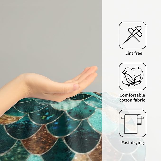 Giwawa Mermaid Hand Towels Set of 2, Teal Golden Fish Scale Turquoise Larger Towel, Summer Aqua Gold Brown Bath Tea Bar Fast Drying for Home Bathroom Kitchen Hotel Spa Decor Green Gold Mermaid