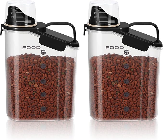 LEAWALK Dog Food Storage Container, Upgraded Large Nozzle BPA-free, 3-5 LBS Plastic Pet Food Storage Containers, With 4 Sealed Clasps, 1 Measuring Cup and Handle (Black)