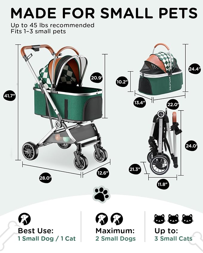 GTPLAYER Pet Stroller for Dogs & Cats, 3-in-1 Foldable Pet Strollers with Detachable Carrier, 360° Swivel Front Wheels & Rear Brakes, Up to 45 lbs, Green