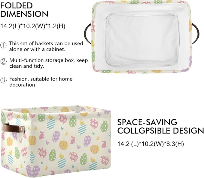 Easter Eggs Cute Storage Basket with Waterproof Liner and PU Handles Happy Easter Day Bunny Rabbit Butterfly Storage Bins Boxes 14.2" Collapsible Decorative Organizer Baskets for Bedroom Closet 1 Pack
