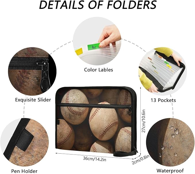 Baseball Vintage File Organizer 13 Pocket Expanding File Folder with Front Pouch Portable Business Fire Storage Document Organizer Folder with Zipper