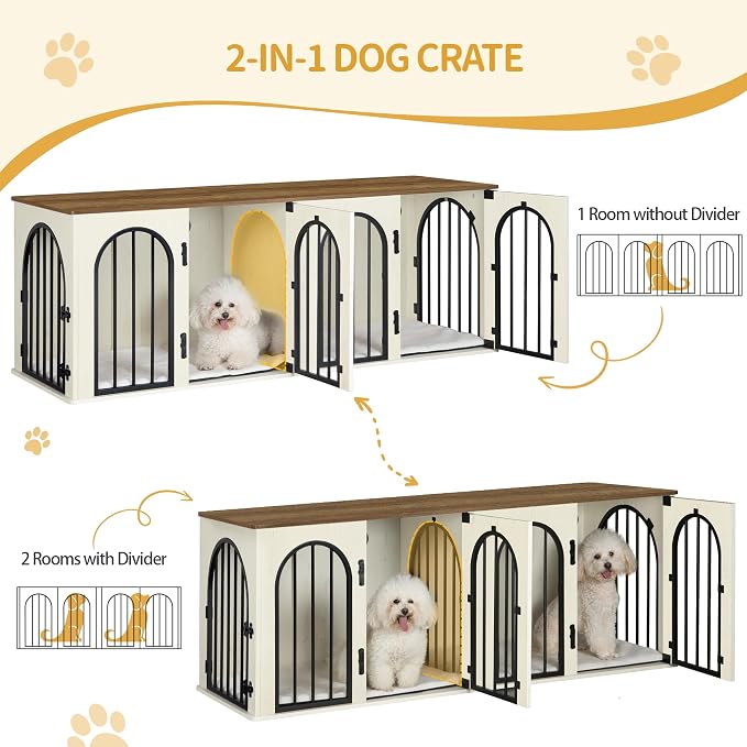 Hzuaneri 63" Double Dog Crate Furniture, Dog Kennel Indoor with Cushion | Heavy Duty Dog Crate Furniture for 2 Dogs,Dog Cage End Table TV Stand with Divider for Med-Large Dogs,White Brown DFC80914BV1