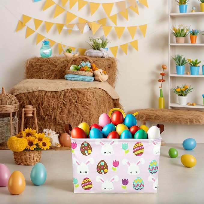 Large Empty Easter Basket for Kid Pink Fabric Personalized Bunny Eggs Easter Gift Basket for Boy and Girl (Rabbit Easter Egg Tulip)