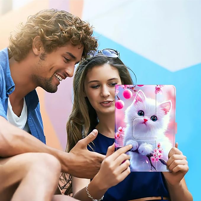 Universal Case for T-Mobile Revvl Tab 2 10.1" Model:9185W 2025/Revvl Tab 5G 10.36" 2023, 360 Degree Rotating Kickstand Protective Stand Leather Shell Cover for 9"-10.5", Flower White Cat