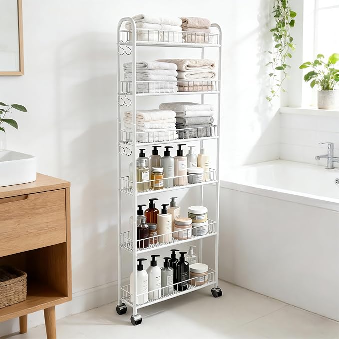 Slim Rolling Storage Cart with Wheels, 6in 6 Tier White | Narrow Space Shelving Unit, Metal Wire Mobile Organizer Rack for Kitchen Bathroom Office Laundry