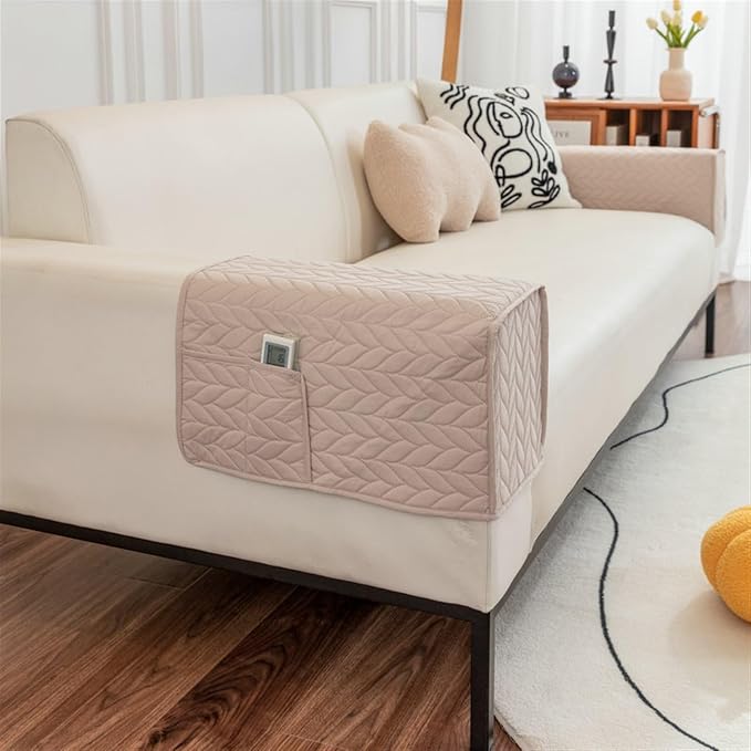 Modern Couch Arm Covers Universal Arm Rest Covers for Sofa Thickened Arm Chair Covers Set of 2 with Pockets Waterproof and Ant-Slip Armrest Organizer(Beige)