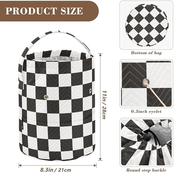 Tatenale Crochet Bag Yarn Bag Knitting Project Bag with Pockets and Handle Portable Yarn Storage Organizer Tangle Free 8.3x11 InchCheckered Black and White15