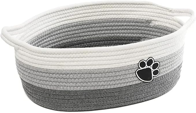 Pet Toy Storage Basket With Handle. Handmade Weaving With Dog Paw Prints for Toys(Gray)