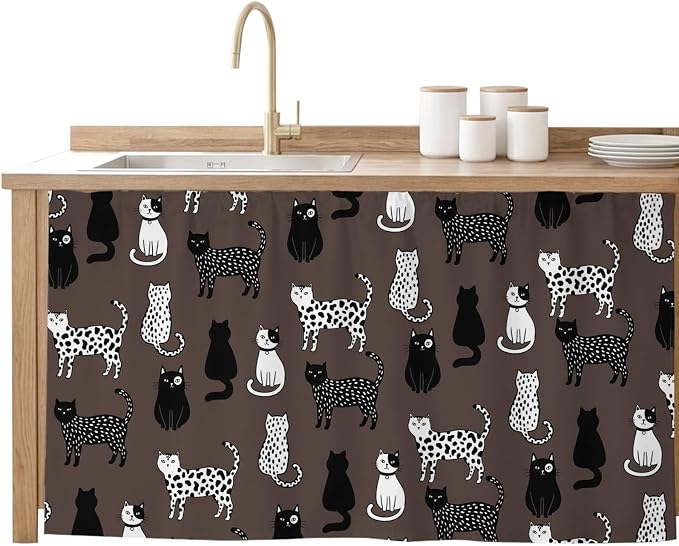 Cat Animal Cabinet Curtain 32"Wx55"L, Dustproof Pantry Door Curtain with Self Adhesive Tape, Black White Earthy Tone Vintage Pet Tall Storage Cover Privacy Drape for Bathroom Kitchen Laundry Room
