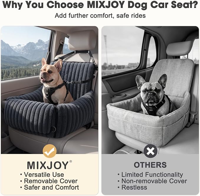 MIXJOY Dog Car Seat for Small/Medium Dogs up to 23 lbs, Multi-Functional Dog Carrier for Car with Detachable Washable Cover, Pet Travel Bed with Clip-On Safety Leash, Grey
