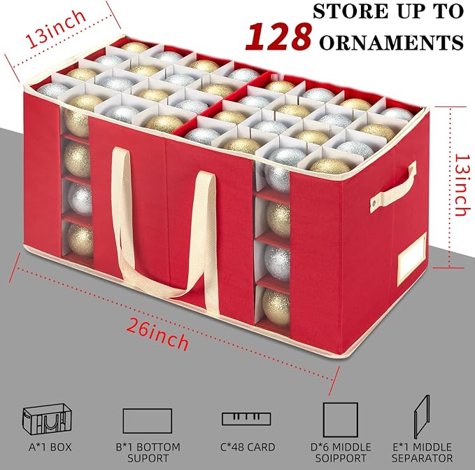 Christmas Ornament Storage Box with Adjustable Dividers, Large Holiday Ornaments Storage Container Bin with Zippered Top for Xmas Decorations (128-3" Balls, Red, Without Tray)